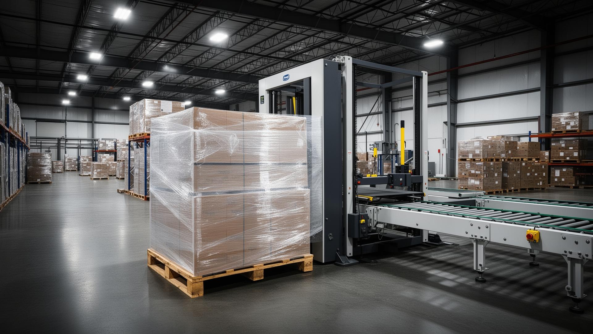 Industrial pallet stretch wrapper machine in warehouse
